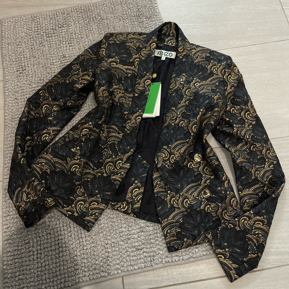 Vintage KENZO Paris Black & Gold Jacquard Brocade Blazer – EU 36 - Picture 1 of 8
